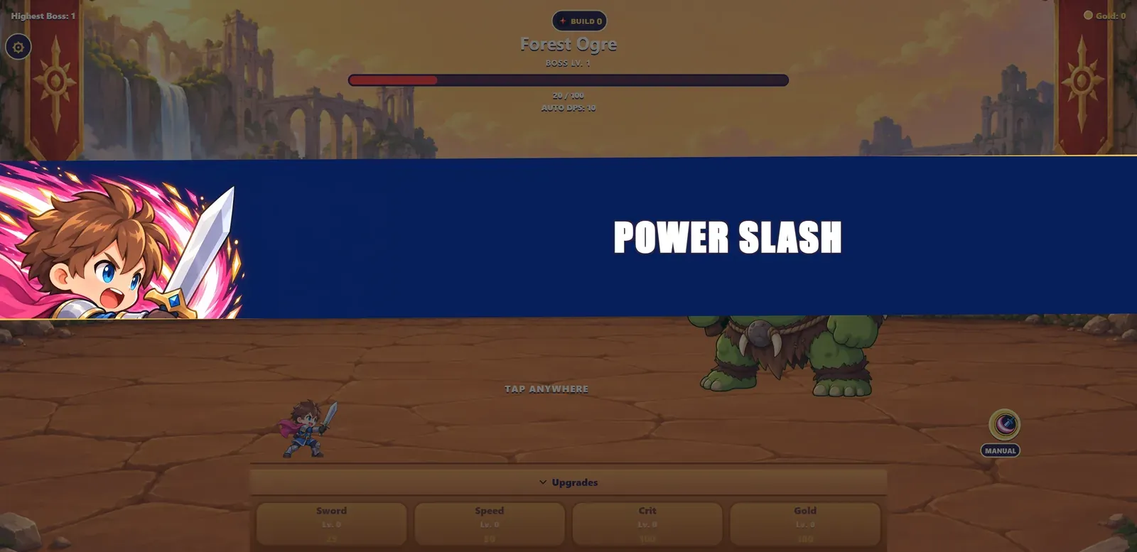 Idle Boss Slayer's Power Slash cut-in banner over the frozen arena
