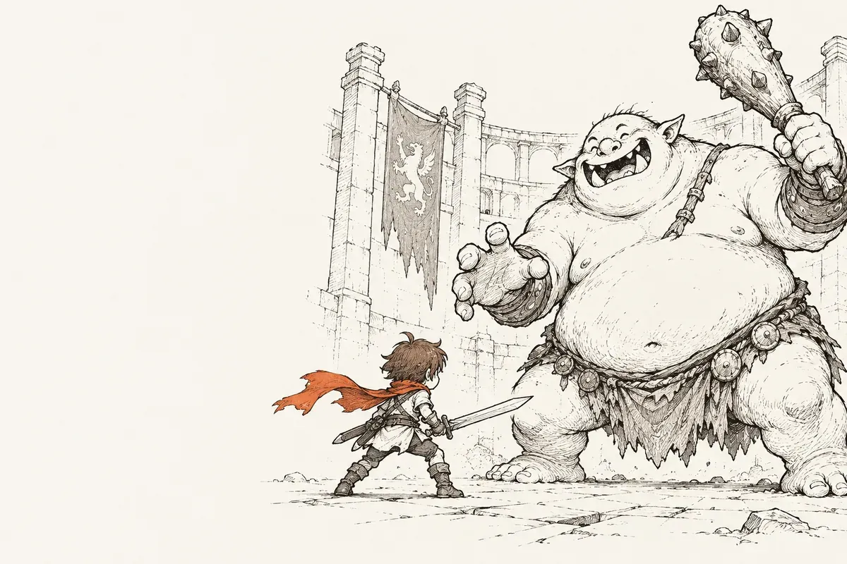 Ink sketch of the hero facing the boss